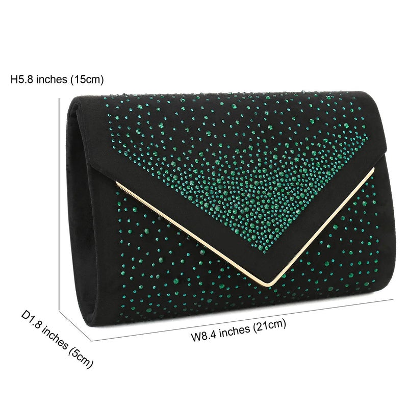 CHARMING TAILOR Envelope Purse Formal Faux Suede Clutch Rhinestone Evening Bag for Women Party Handbag (Black/green) - Image 4